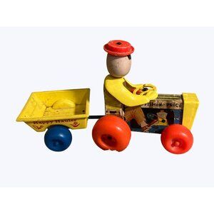 Fisher-Price Vintage Wooden Happy Hauler #732 Pull Toy With Farmer Character